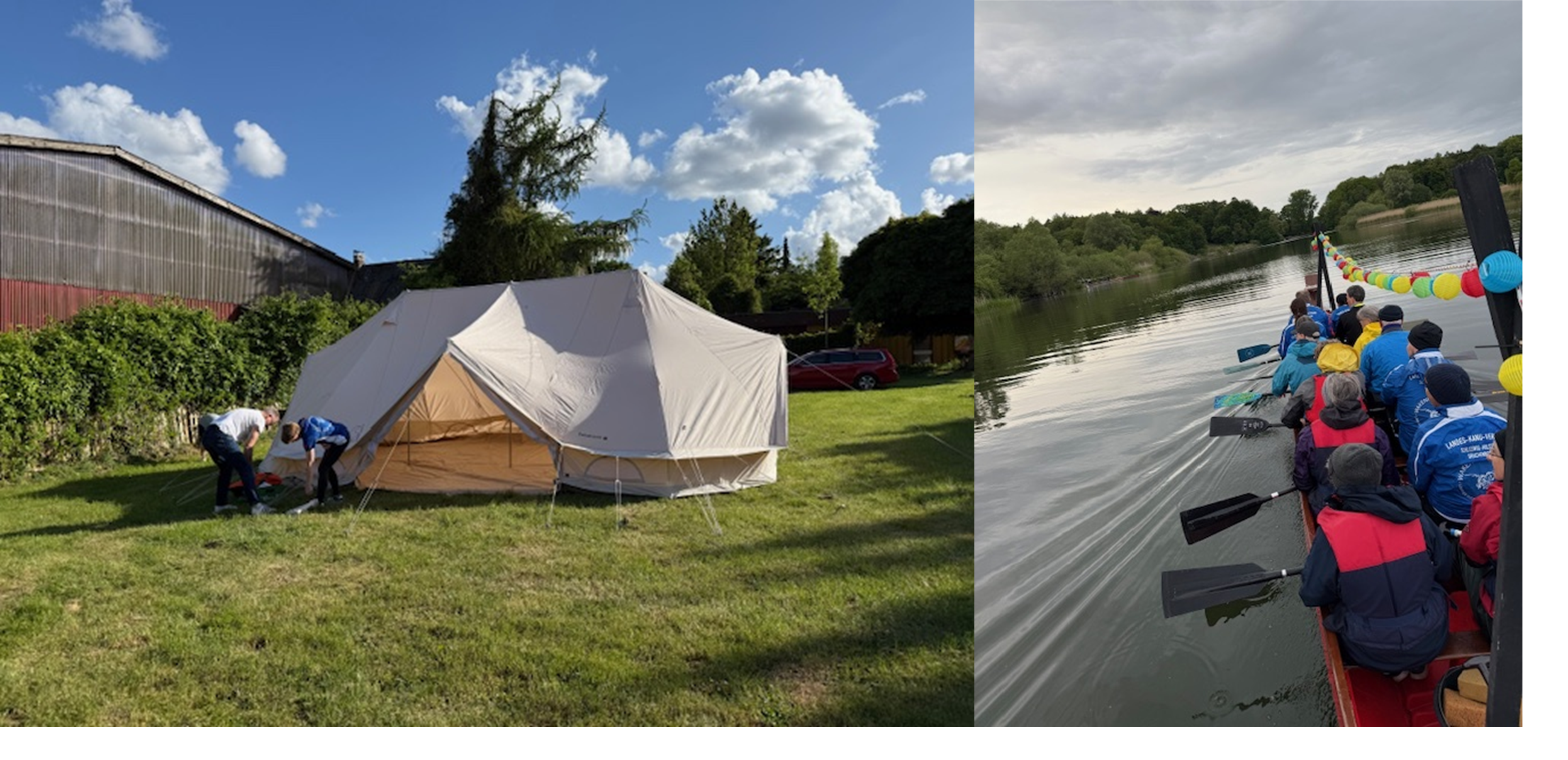 Das Mannschaftszelt wird aufgebaut und ein Drachenboot ist mit Laternen beleuchtet