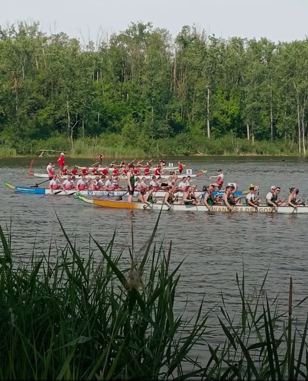 Drachenboote auf dem Wasser während der Deutschen Meisterschaft in Halle<br />